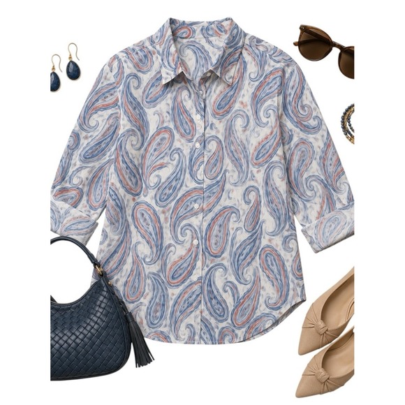 Alfred Dunner Tops - Alfred Dunner Blue Pink Paisley Button Front Blouse Women's XL Roll Tab Shirt